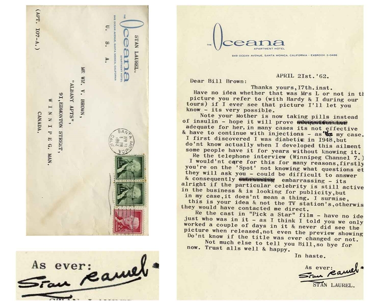 Stan Laurel Letter Signed With His Full Name -- Laurel Writes About His Diabetes & Also the 1937 Laurel & Hardy Film ''Pick a Star''